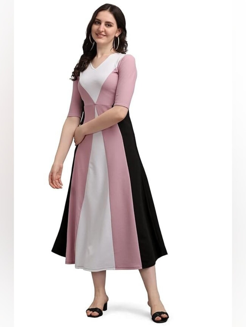 Colorblock Midi Dress in Dusty Pink, White & Black Women GEOMATRIC